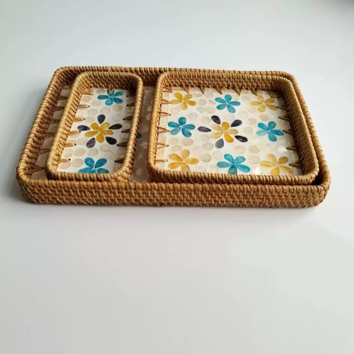 سینی کف صدفی مستطیل راتان وارداتی ۳ عددی